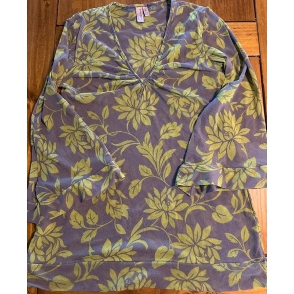 Sweet Pea by Stacy Frati Purple Lime Green Floral Mesh Bell Sleeve Top Large